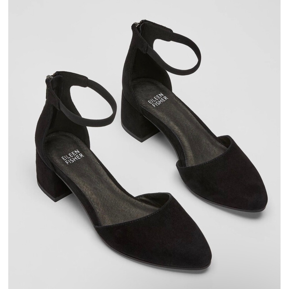 Eileen Fisher Goldie Black Suede Square Toe Ankle Strap Block Heel Pump 7M